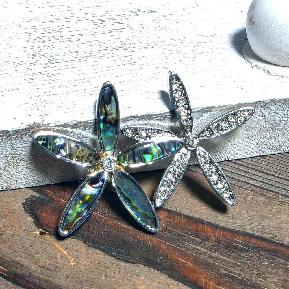 CZ Crystal Flowers Paua Abalone Shell Silver Rhodium Plate Brooch Sweater Pin - Picture 6 of 9